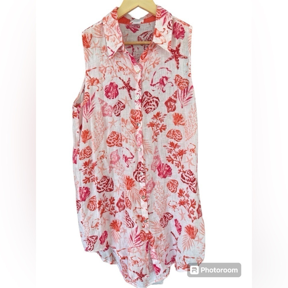 Sigrid Olsen Women’s Linen Sleeveless button down tunic shirt white coral Size S